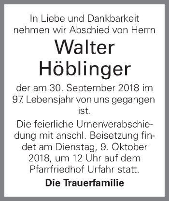 Traueranzeigen von Walter Höblinger wirtrauern at