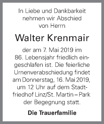 Traueranzeige von Walter Krenmair von OÖNachrichten