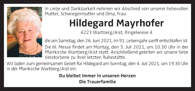 Traueranzeigen Von Hildegard Mayrhofer Wirtrauern At