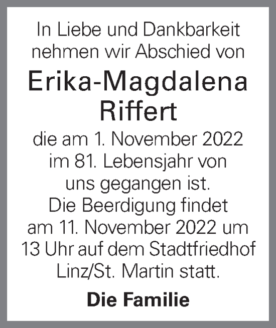 Traueranzeigen Von Erika Magdalena Riffert Wirtrauern At