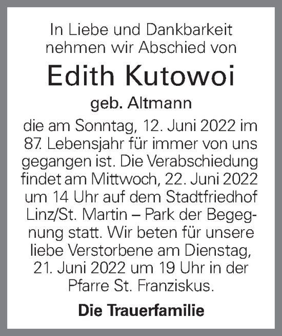 Traueranzeigen Von Edith Kutowoi Wirtrauern At