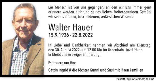 Traueranzeigen Von Walter Hauer Wirtrauern At