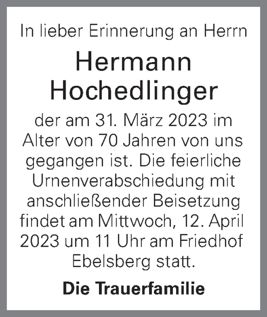 Traueranzeigen Von Hermann Hochedlinger Wirtrauern At