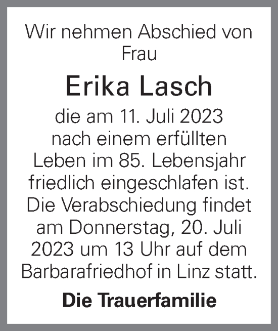 Traueranzeigen Von Erika Lasch Wirtrauern At