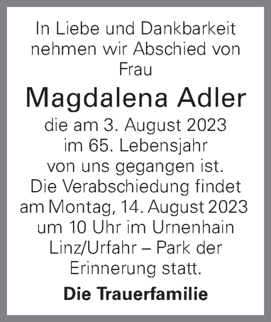 Traueranzeigen Von Magdalena Adler Wirtrauern At